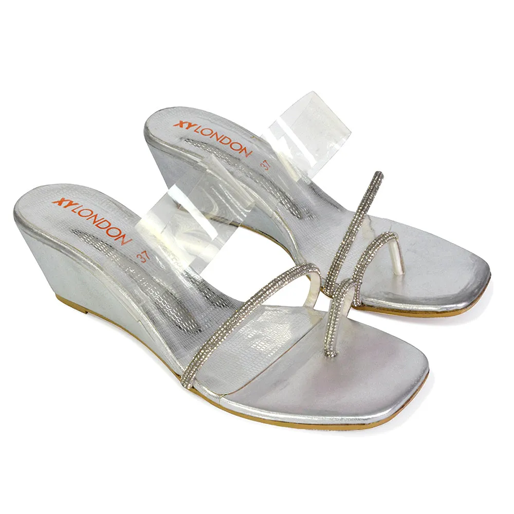 Hayes Perspex Strappy Toe Post Diamante Wedge Heel Sandals in White