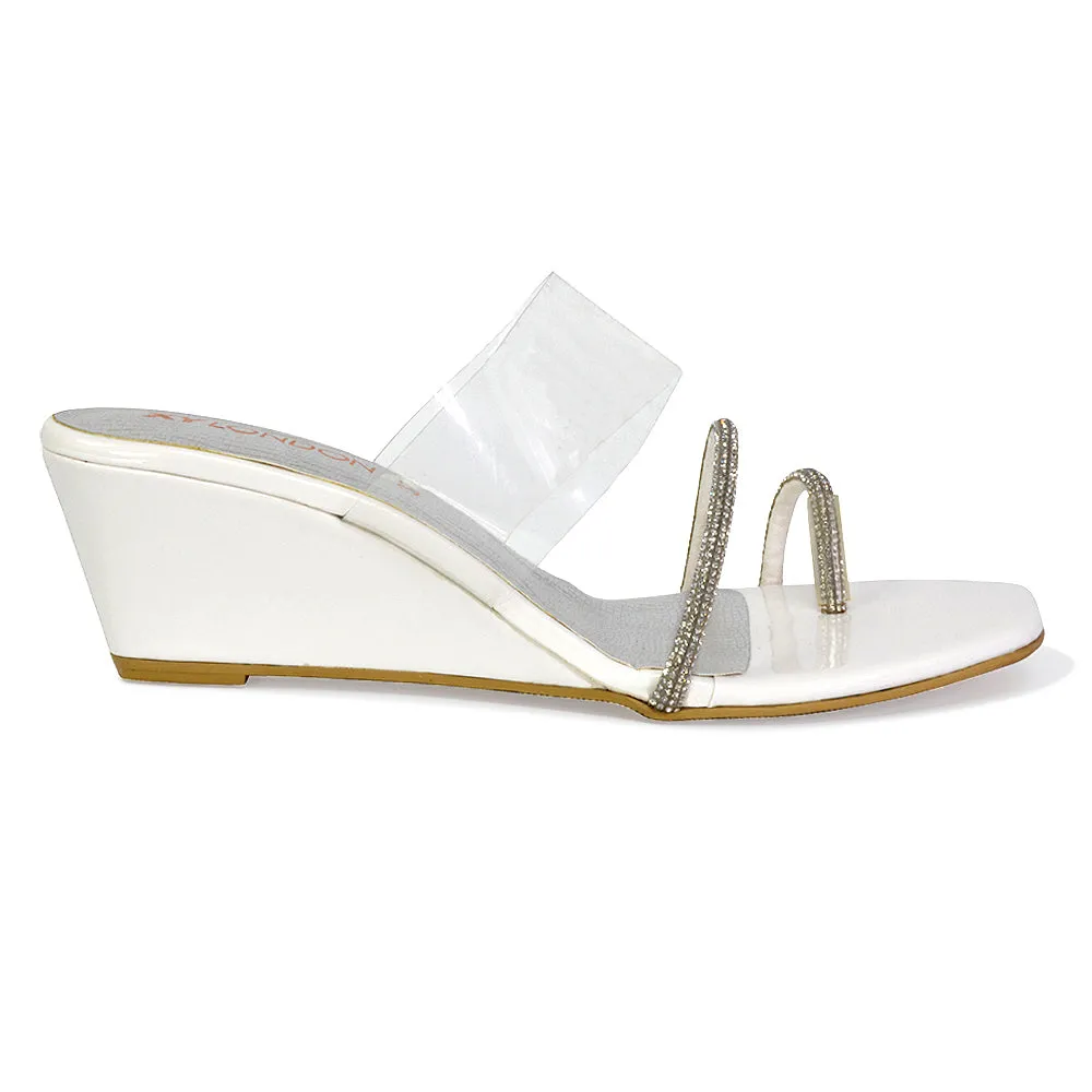 Hayes Perspex Strappy Toe Post Diamante Wedge Heel Sandals in White