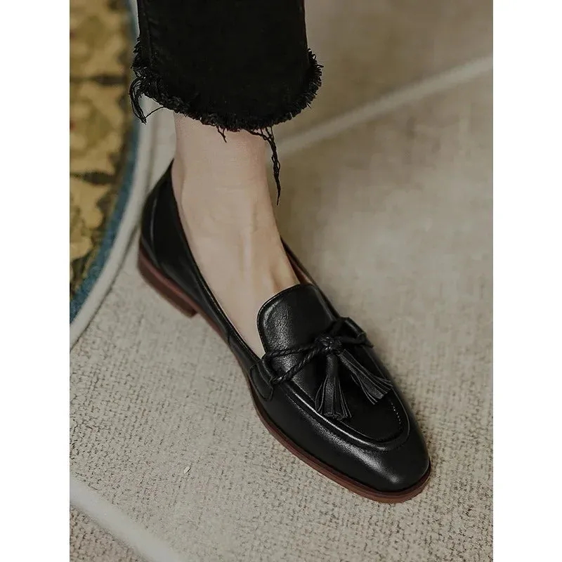 Hnzxzm Retro British Style Square Head Women's Loafers Shoes 2024 Summer New Style Tassel Comfortable Single Shoes Women Brown Shoes