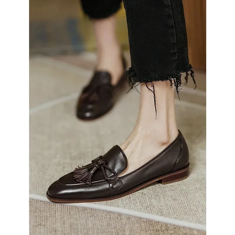 Hnzxzm Retro British Style Square Head Women's Loafers Shoes 2024 Summer New Style Tassel Comfortable Single Shoes Women Brown Shoes