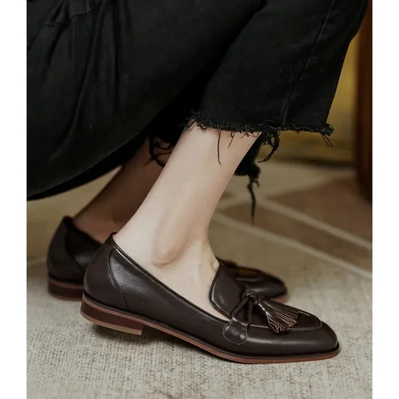 Hnzxzm Retro British Style Square Head Women's Loafers Shoes 2024 Summer New Style Tassel Comfortable Single Shoes Women Brown Shoes