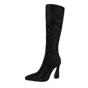 Ines Rhinestone Knee High Boots Black