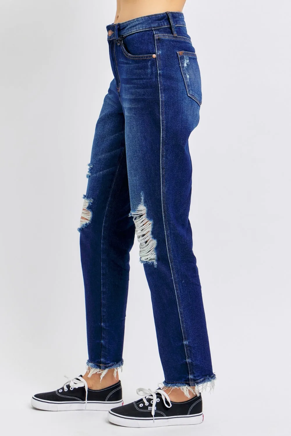 Judy Blue High Waist Rigid Magic Heavy Destroy Straight Jeans in Dark Wash