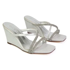 Kinsley Slip on Heeled Mules Diamante Strappy Square Toe Sandal Wedge Heel in Silver