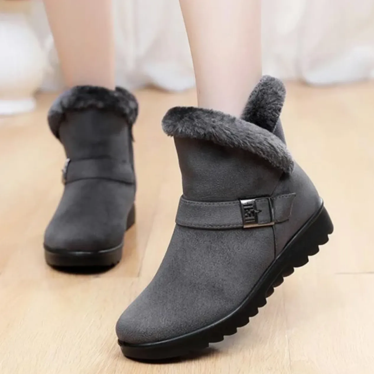 LAURIE™ WARM BUCKLE ZIPPER FUR LINING ANKLE BOOTIES