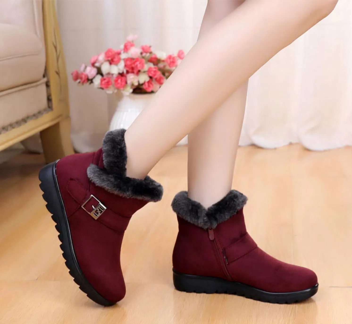 LAURIE™ WARM BUCKLE ZIPPER FUR LINING ANKLE BOOTIES