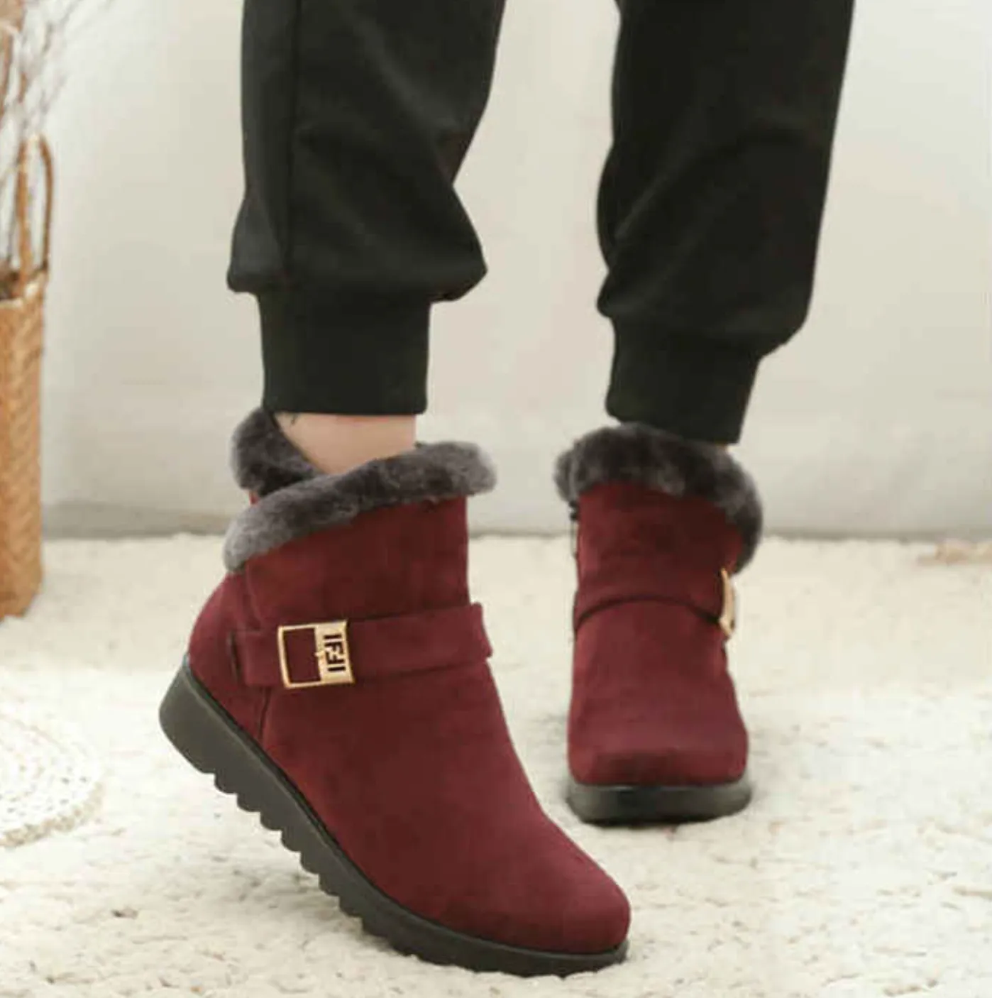 LAURIE™ WARM BUCKLE ZIPPER FUR LINING ANKLE BOOTIES