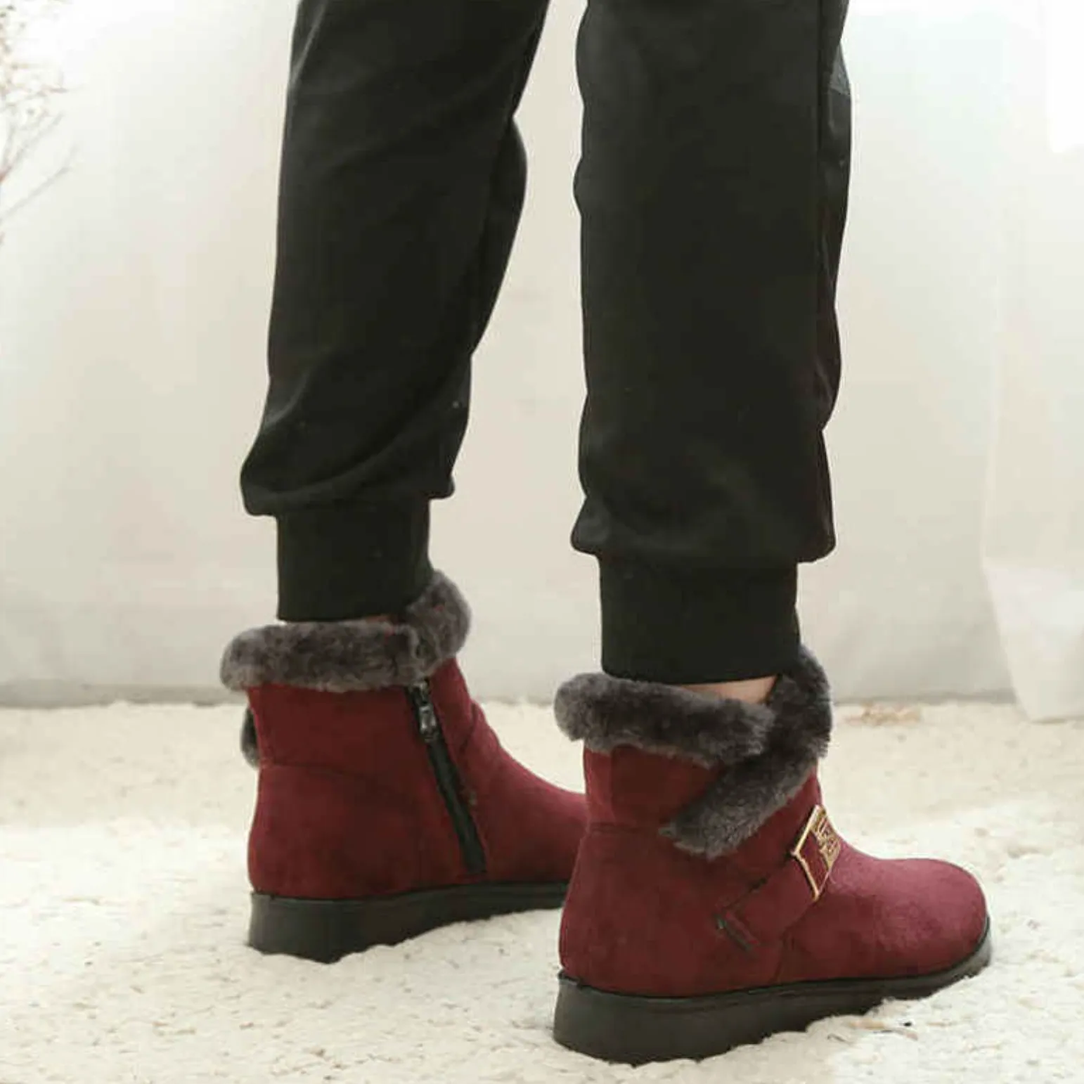 LAURIE™ WARM BUCKLE ZIPPER FUR LINING ANKLE BOOTIES