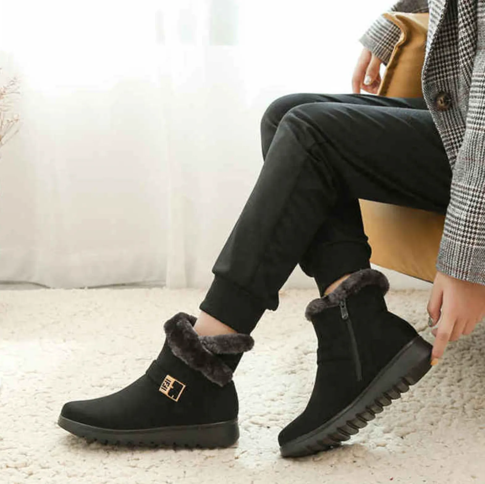 LAURIE™ WARM BUCKLE ZIPPER FUR LINING ANKLE BOOTIES