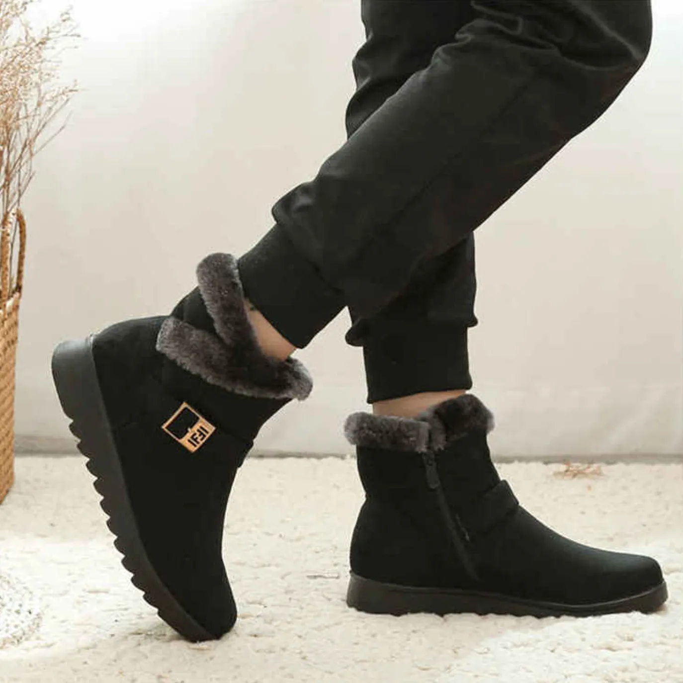 LAURIE™ WARM BUCKLE ZIPPER FUR LINING ANKLE BOOTIES