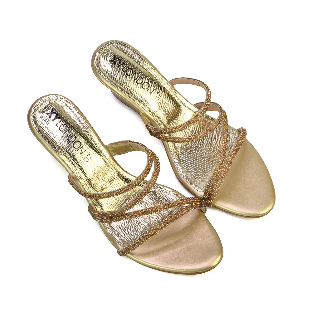 Lilliana Slip On Strappy Diamante Wedge Heel Summer Sandals in Gold