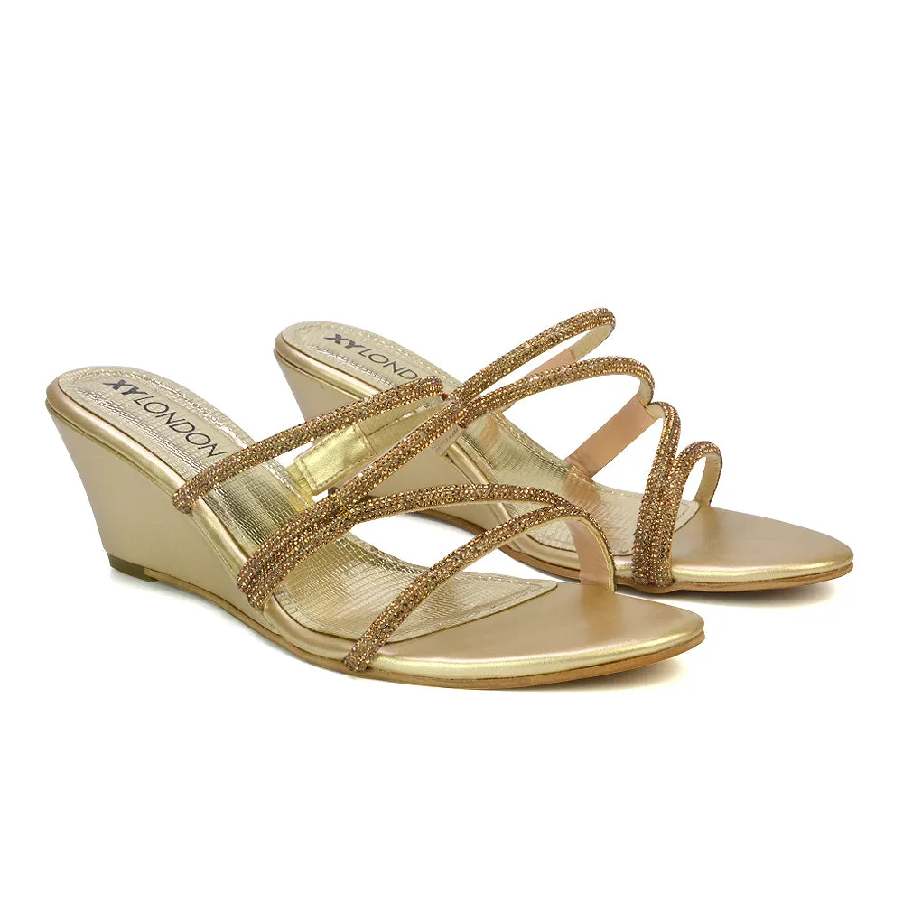 Lilliana Slip On Strappy Diamante Wedge Heel Summer Sandals in Gold