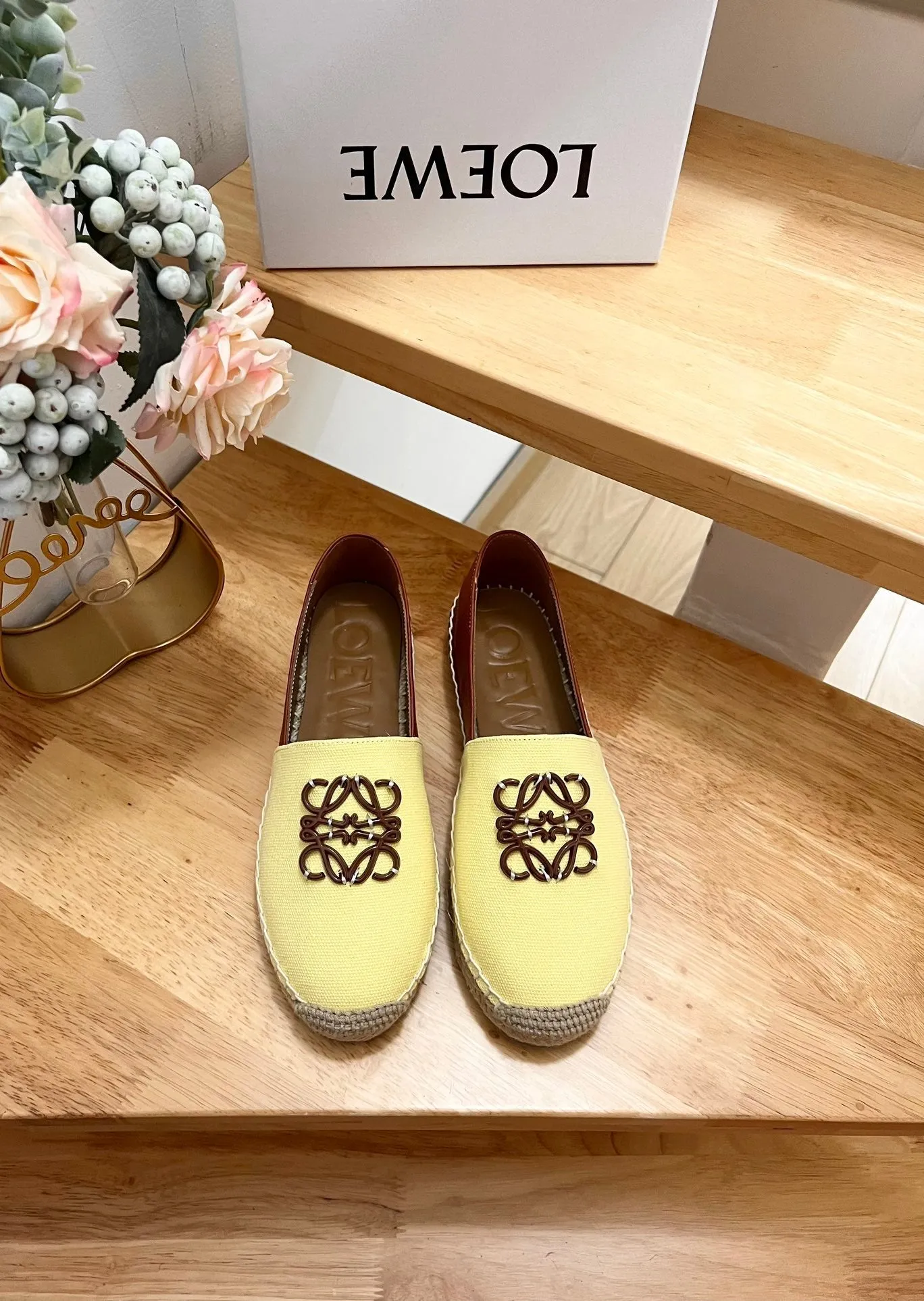 Loew Anagram Espadrille Yellow Brown Leather and Canvas