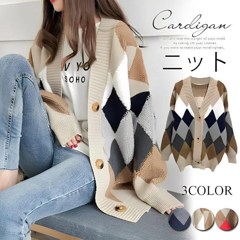 Luxury Cardigans Plaid Loose Button Puff Sleeve Knitted Cardigan Female Warm Y2K Tops Sweaters S-XL Long Cardigans Women 2023