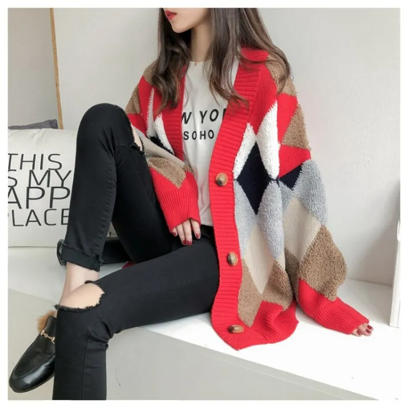 Luxury Cardigans Plaid Loose Button Puff Sleeve Knitted Cardigan Female Warm Y2K Tops Sweaters S-XL Long Cardigans Women 2023