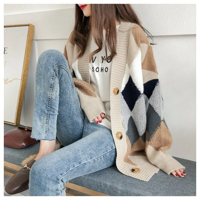 Luxury Cardigans Plaid Loose Button Puff Sleeve Knitted Cardigan Female Warm Y2K Tops Sweaters S-XL Long Cardigans Women 2023