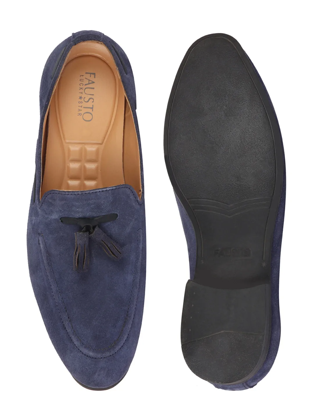 Men Navy Blue Suede Leather Casual Tassel Loafer Shoes