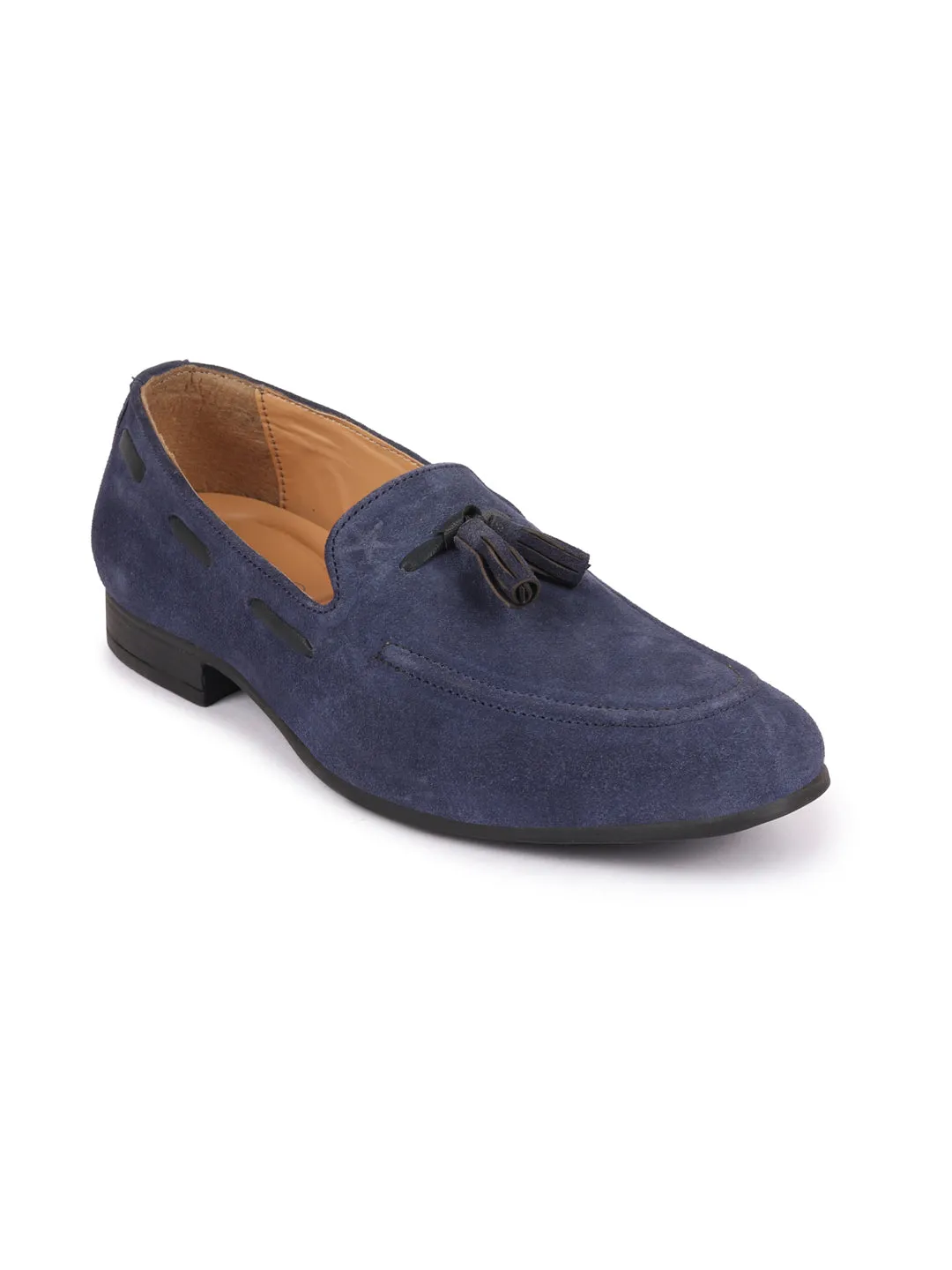 Men Navy Blue Suede Leather Casual Tassel Loafer Shoes