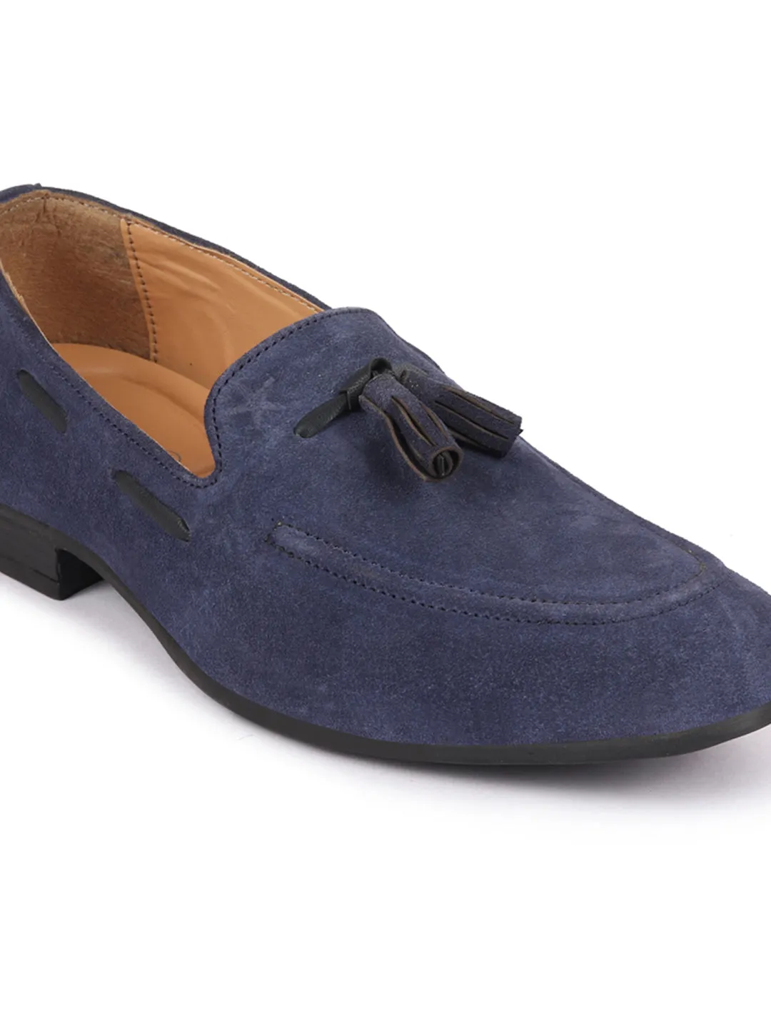 Men Navy Blue Suede Leather Casual Tassel Loafer Shoes