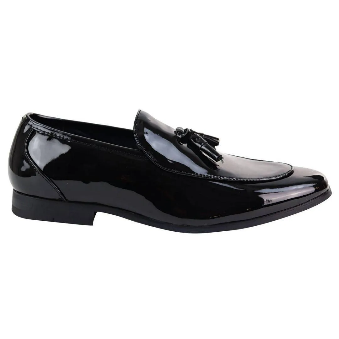 Mens Tassel Slip On Black Shoes Shiny Patent Smart Casual Formal Driving Retro