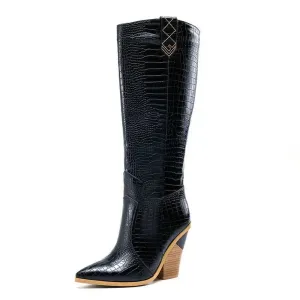 Merendy Eman Brown Heel pointed slip-on leather knee high boots