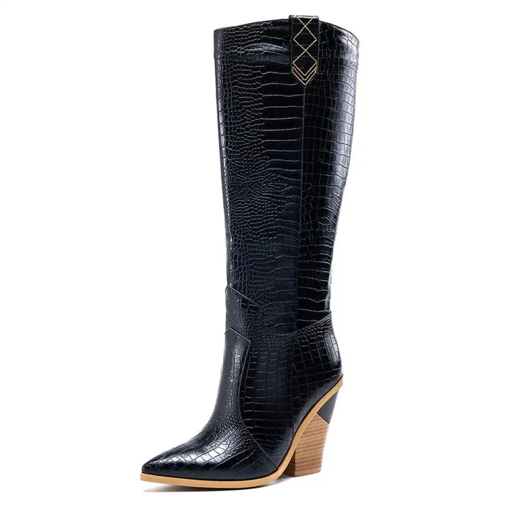 Merendy Eman Brown Heel pointed slip-on leather knee high boots