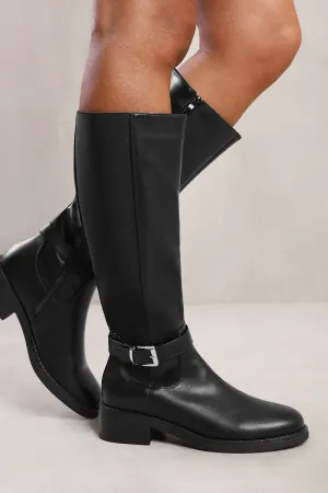 MICAH KNEE HIGH BOOTS WITH BUCKLE DETAIL IN BLACK FAUX LEATHER