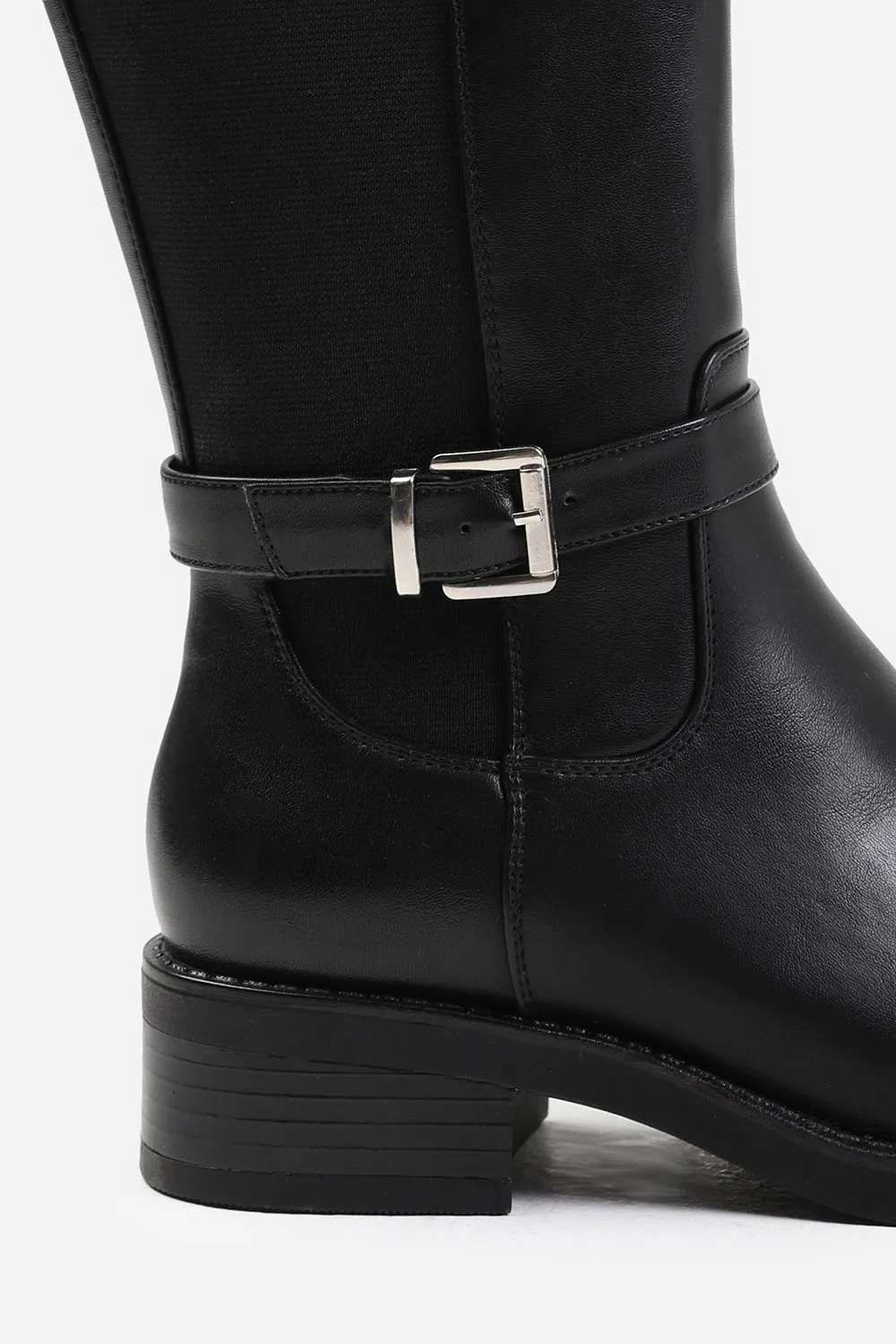 MICAH KNEE HIGH BOOTS WITH BUCKLE DETAIL IN BLACK FAUX LEATHER