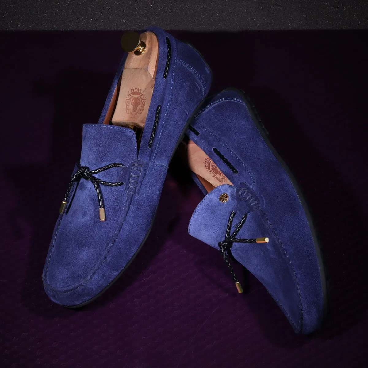 Mini Lion Weaved Tassel Bow Loafers in Blue Suede Leather