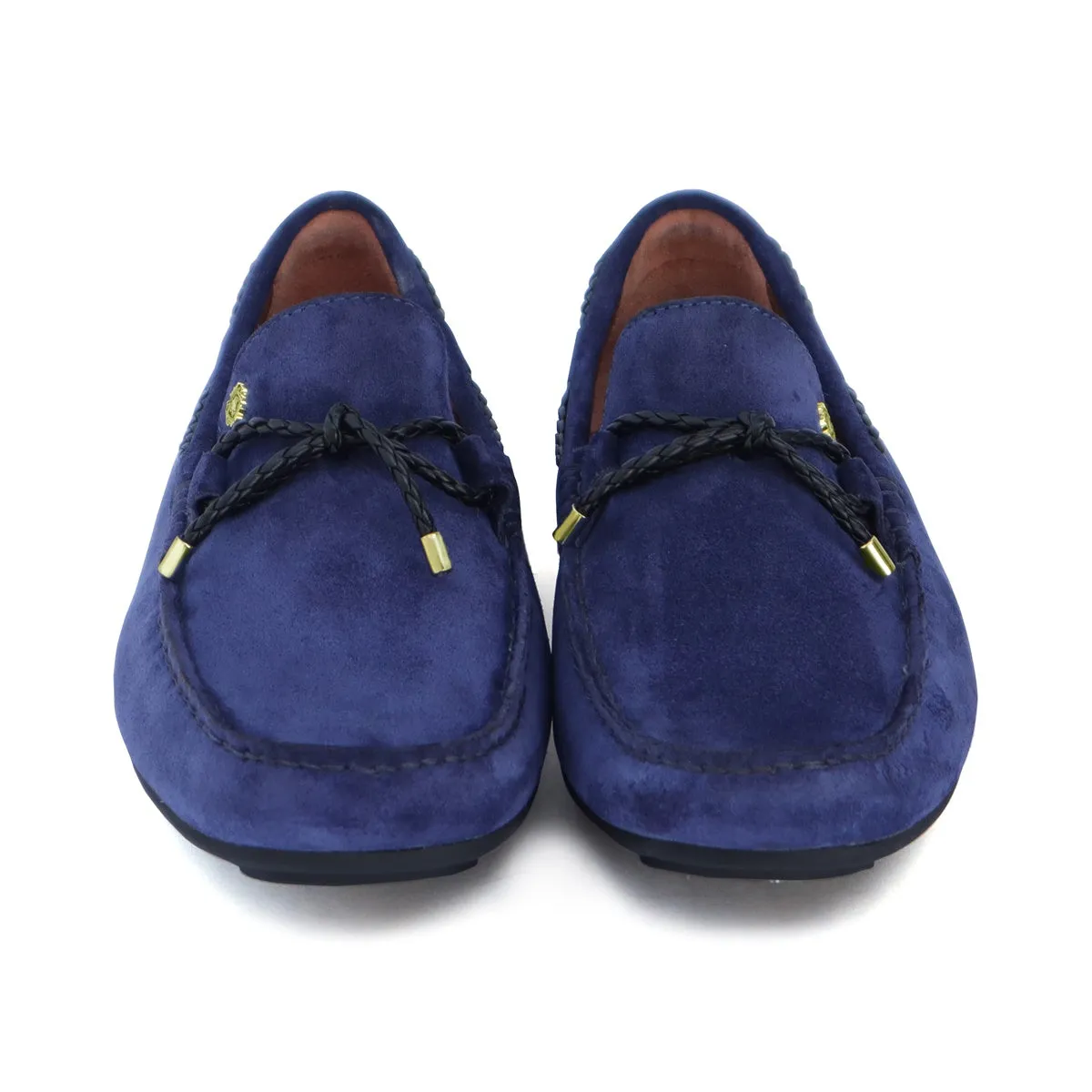 Mini Lion Weaved Tassel Bow Loafers in Blue Suede Leather