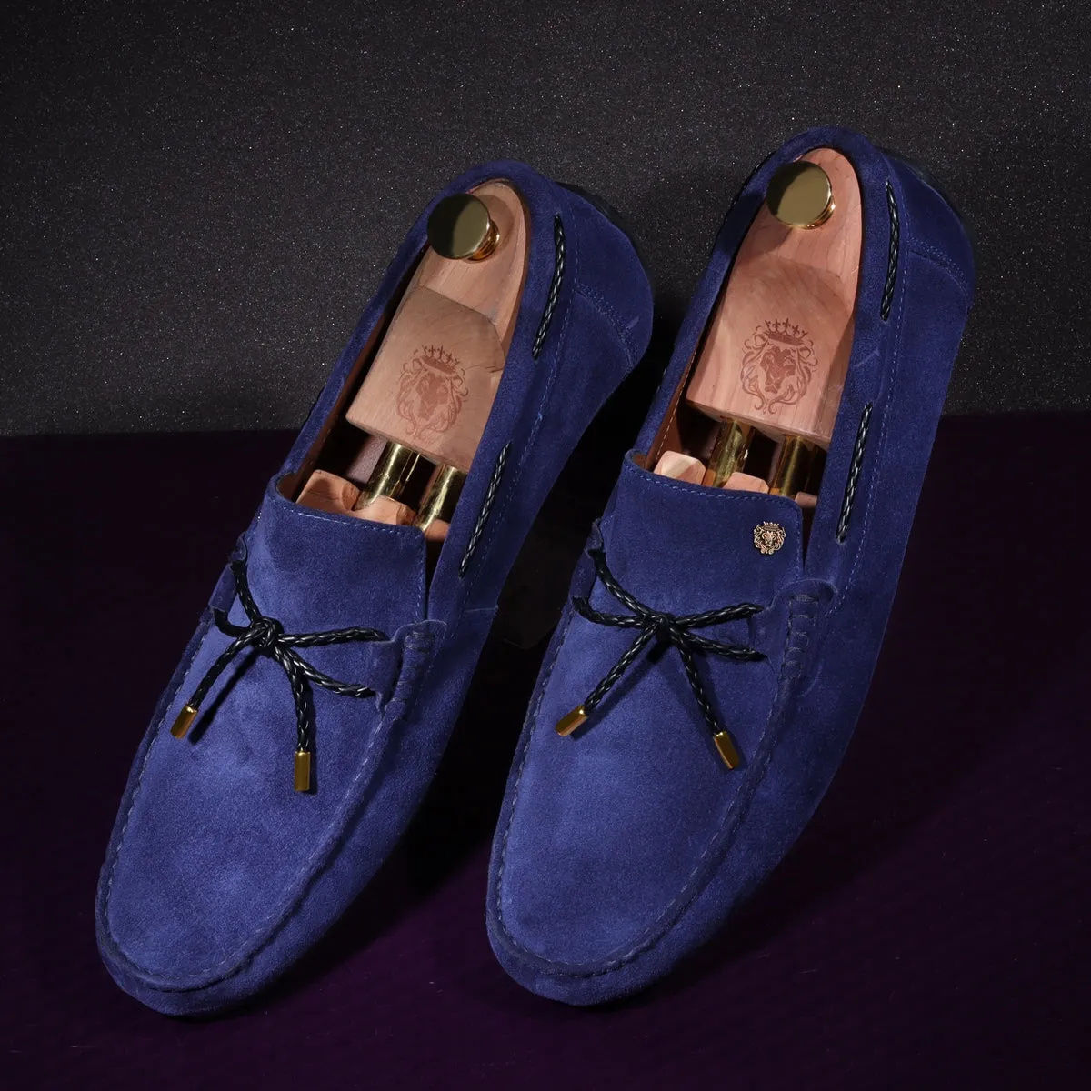 Mini Lion Weaved Tassel Bow Loafers in Blue Suede Leather