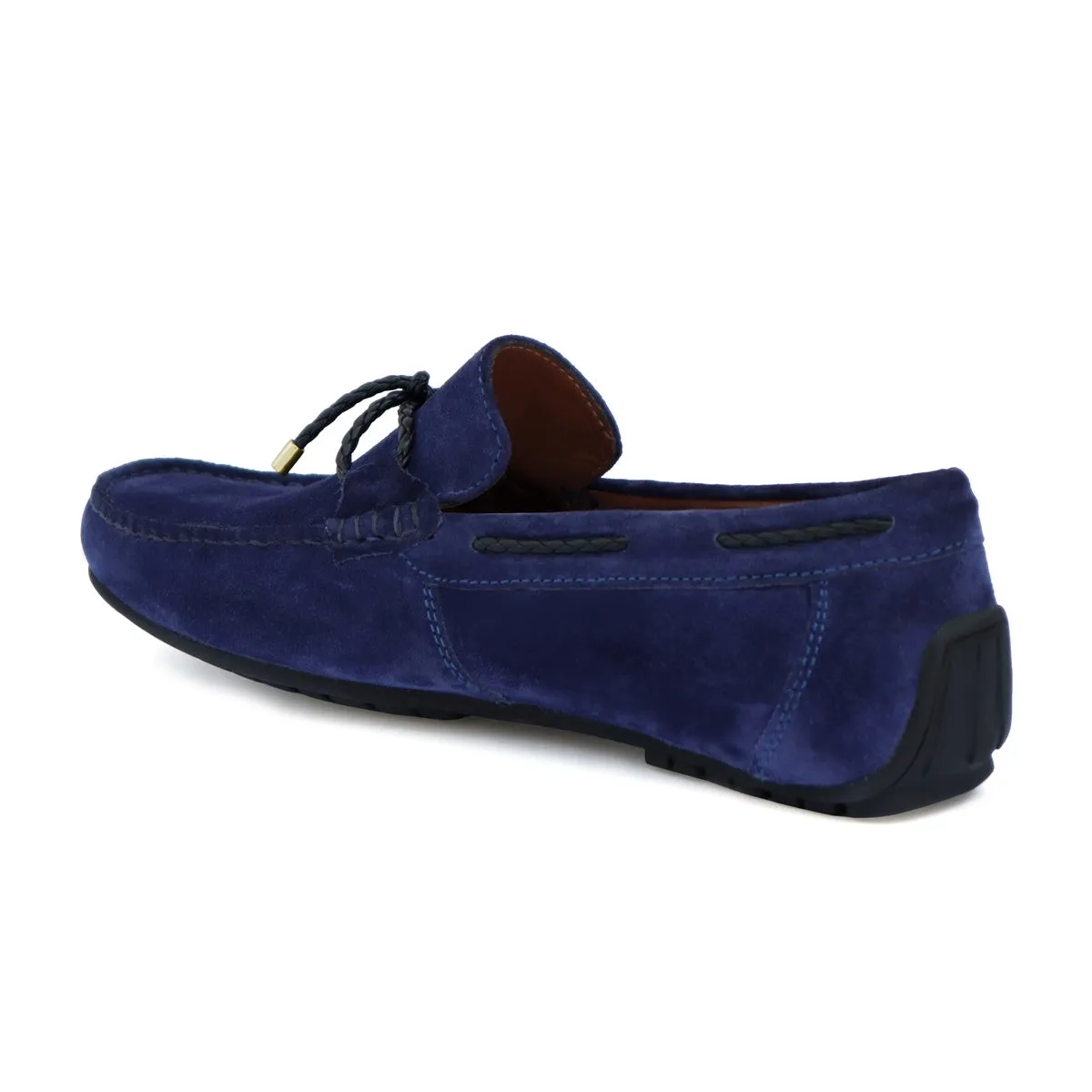 Mini Lion Weaved Tassel Bow Loafers in Blue Suede Leather