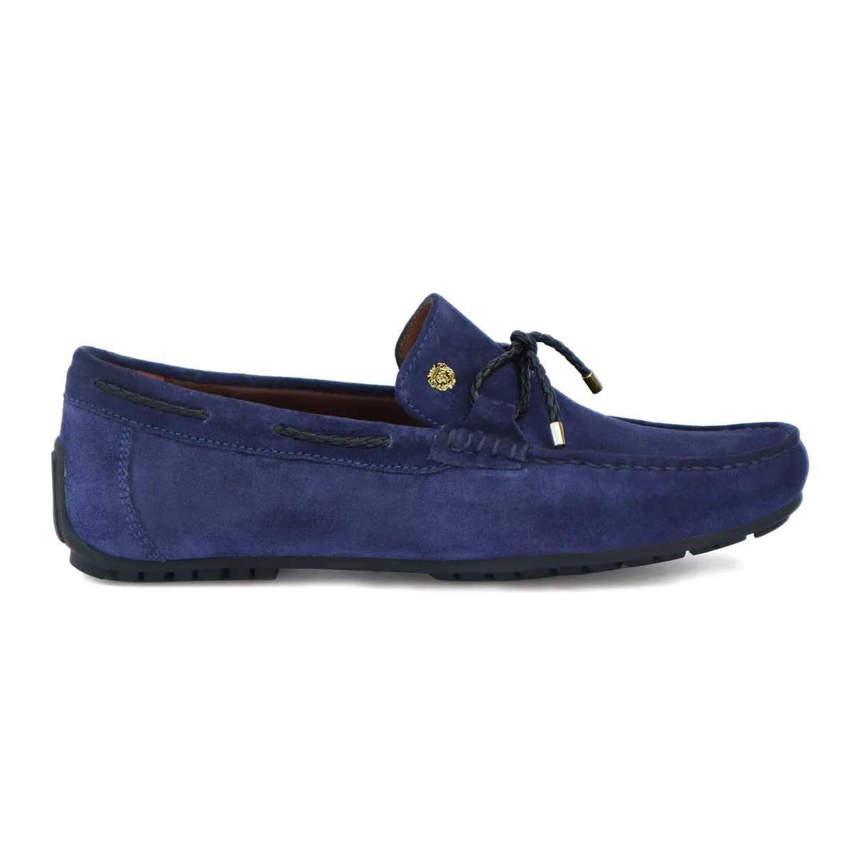 Mini Lion Weaved Tassel Bow Loafers in Blue Suede Leather