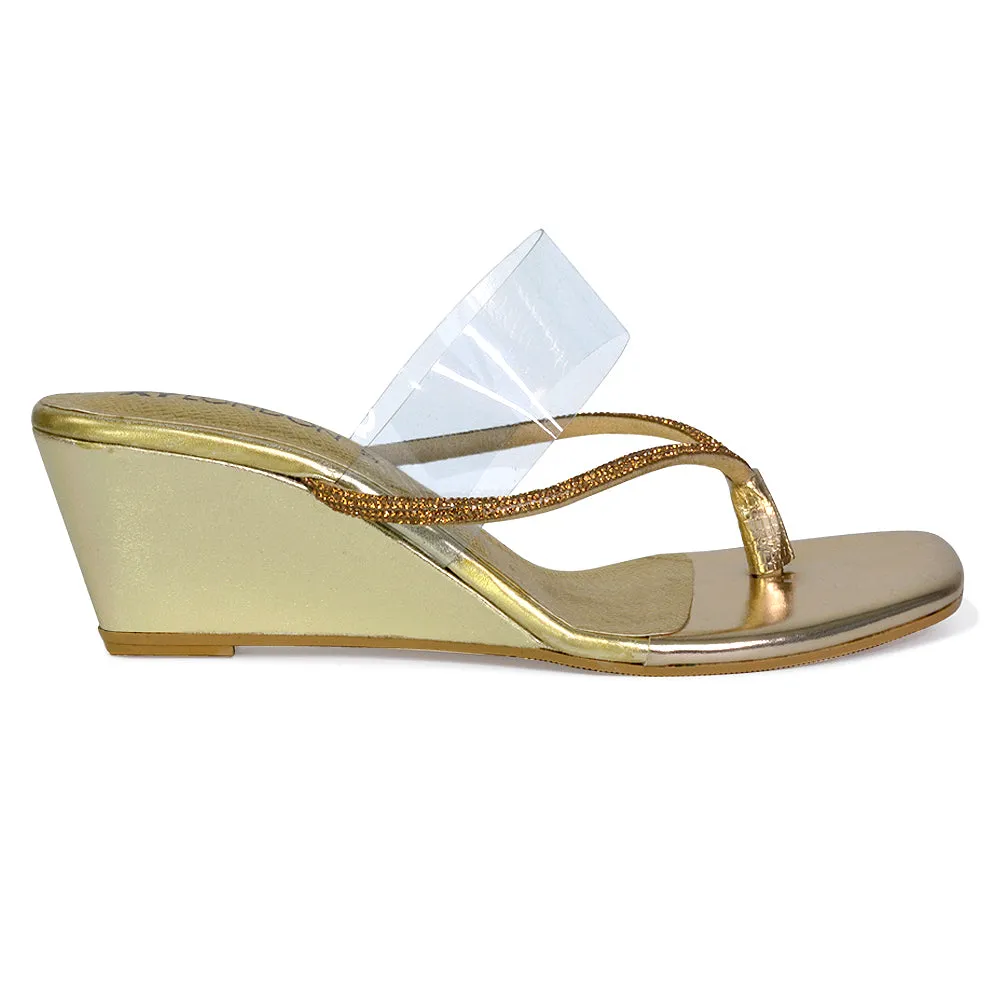 Mirabel Square Toe Post Perspex Wedge Heel Diamante Sandals in Gold