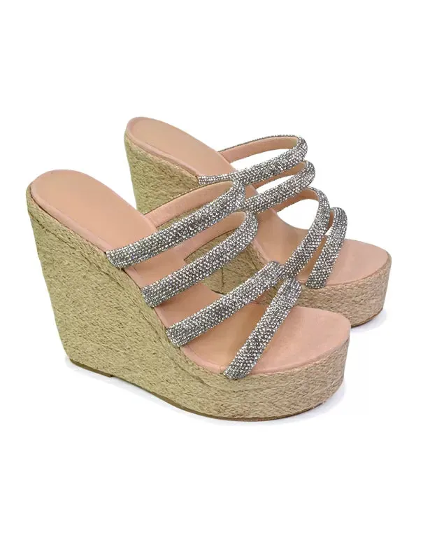 Nalini Diamante Strappy Platform Sandal Wedge Heels in Silver