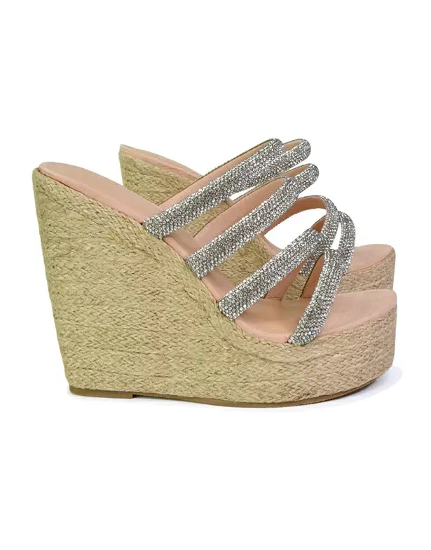 Nalini Diamante Strappy Platform Sandal Wedge Heels in Silver