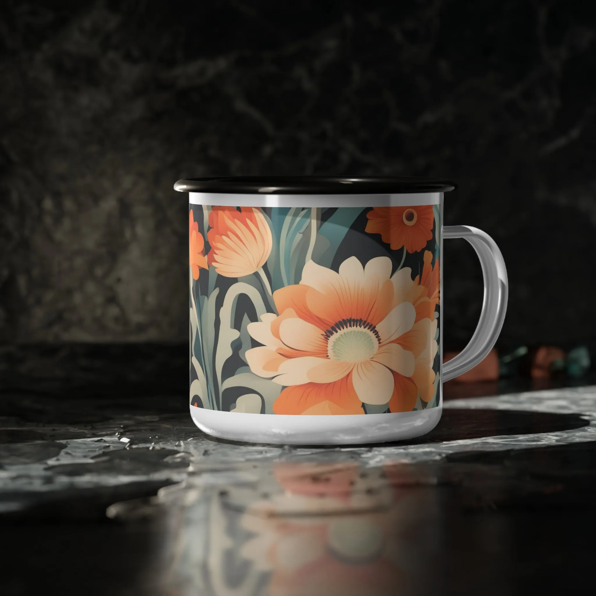 Orange and White Flowers, Enamel Camping Mug for Coffee, Tea, Cocoa, or Cereal - 12oz