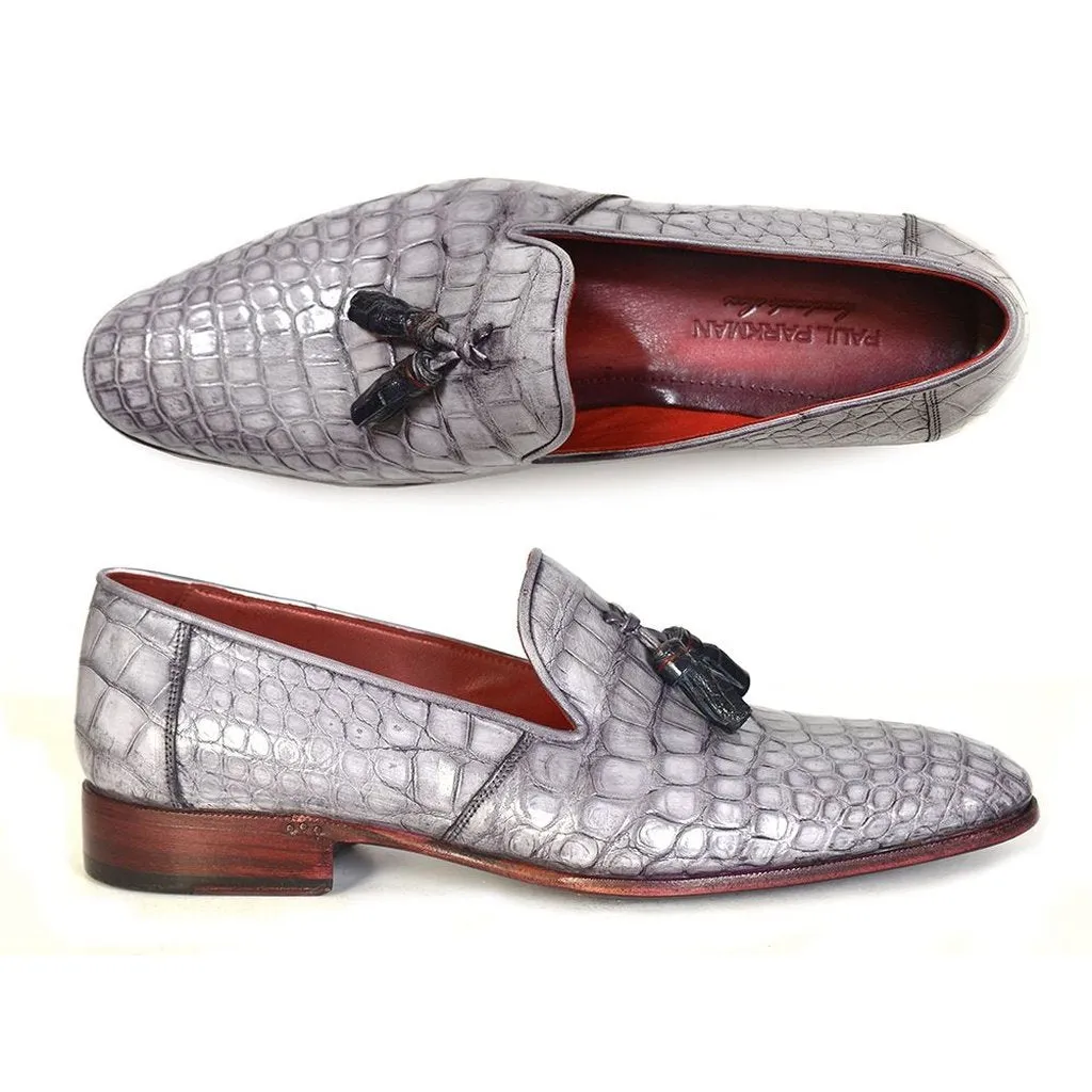 Paul Parkman Men's Grey Genuine Crocodile Tassel Loafers (ID#44LF27)