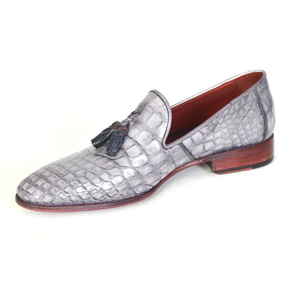 Paul Parkman Men's Grey Genuine Crocodile Tassel Loafers (ID#44LF27)