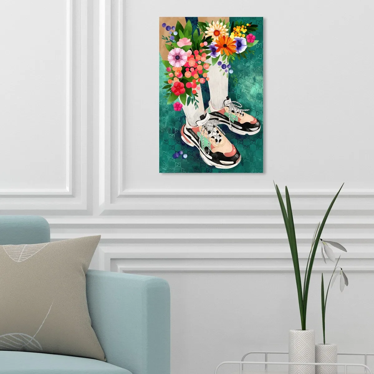 "Blooming Socks and Sneakers", Colorful floral sneaker outfit Modern Green Canvas Wall Art Print for Bedroom