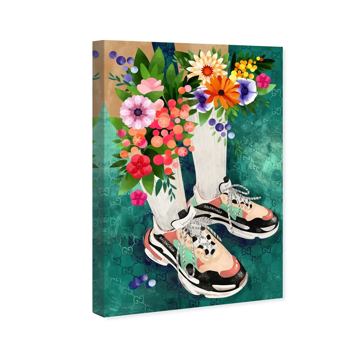 "Blooming Socks and Sneakers", Colorful floral sneaker outfit Modern Green Canvas Wall Art Print for Bedroom