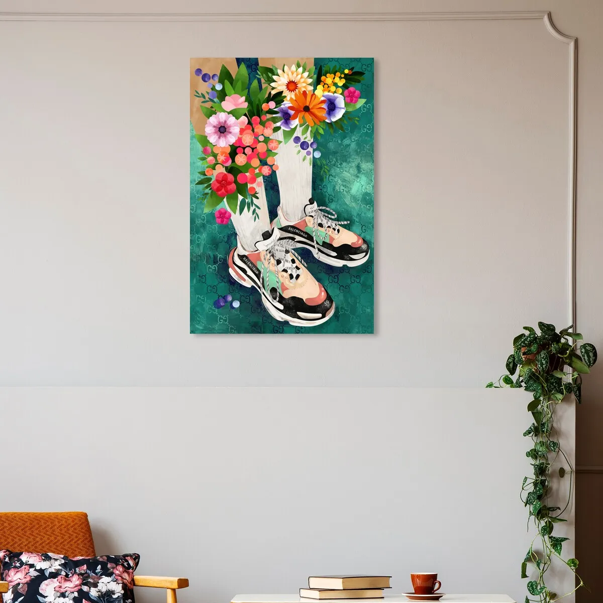 "Blooming Socks and Sneakers", Colorful floral sneaker outfit Modern Green Canvas Wall Art Print for Bedroom