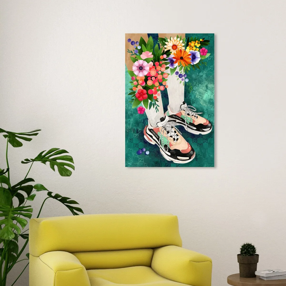 "Blooming Socks and Sneakers", Colorful floral sneaker outfit Modern Green Canvas Wall Art Print for Bedroom