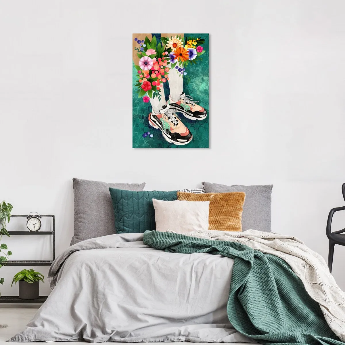 "Blooming Socks and Sneakers", Colorful floral sneaker outfit Modern Green Canvas Wall Art Print for Bedroom