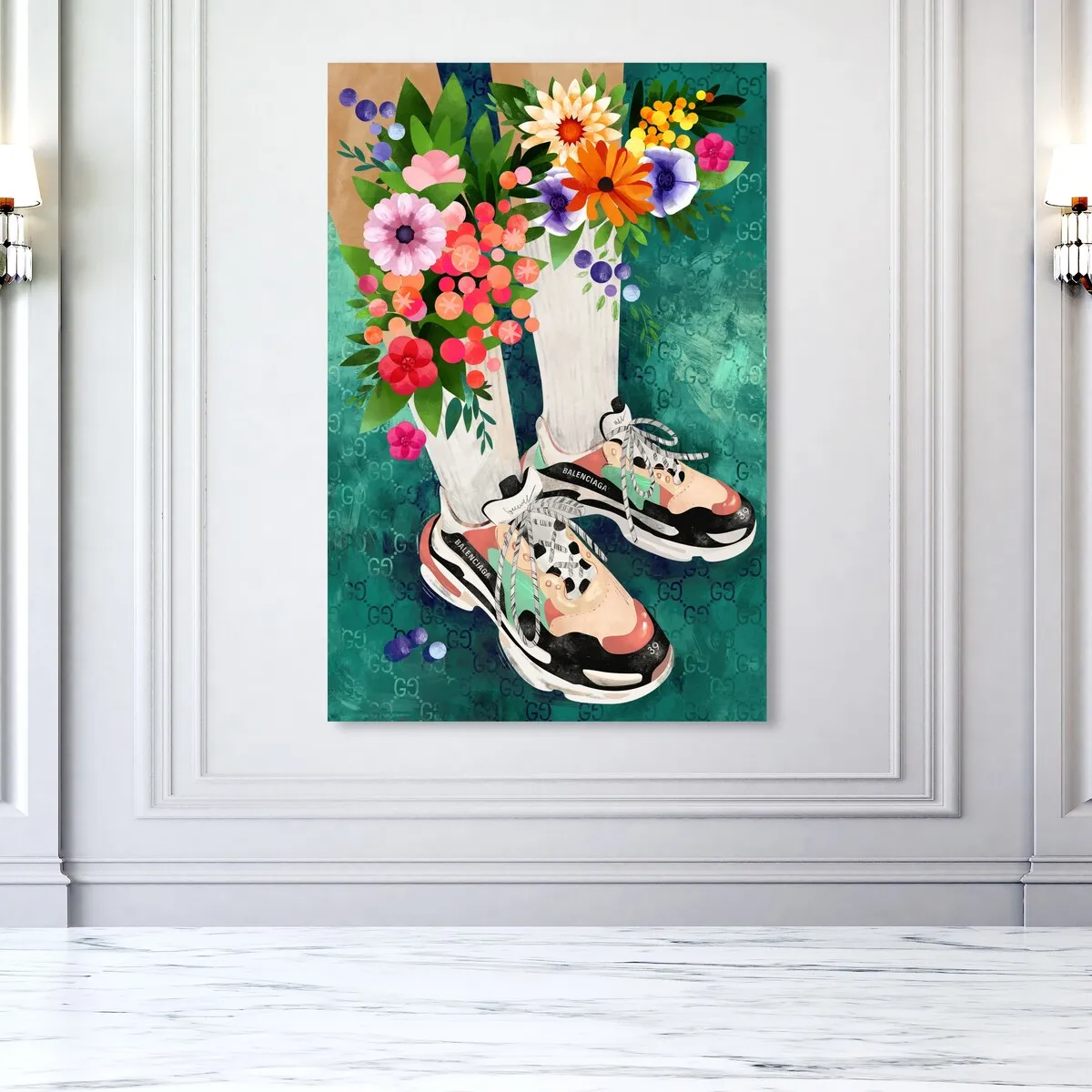 "Blooming Socks and Sneakers", Colorful floral sneaker outfit Modern Green Canvas Wall Art Print for Bedroom