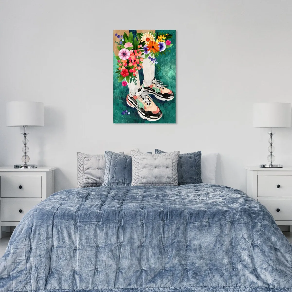 "Blooming Socks and Sneakers", Colorful floral sneaker outfit Modern Green Canvas Wall Art Print for Bedroom