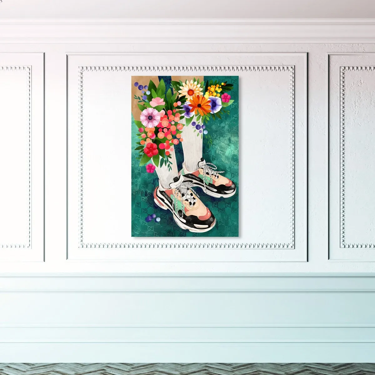 "Blooming Socks and Sneakers", Colorful floral sneaker outfit Modern Green Canvas Wall Art Print for Bedroom