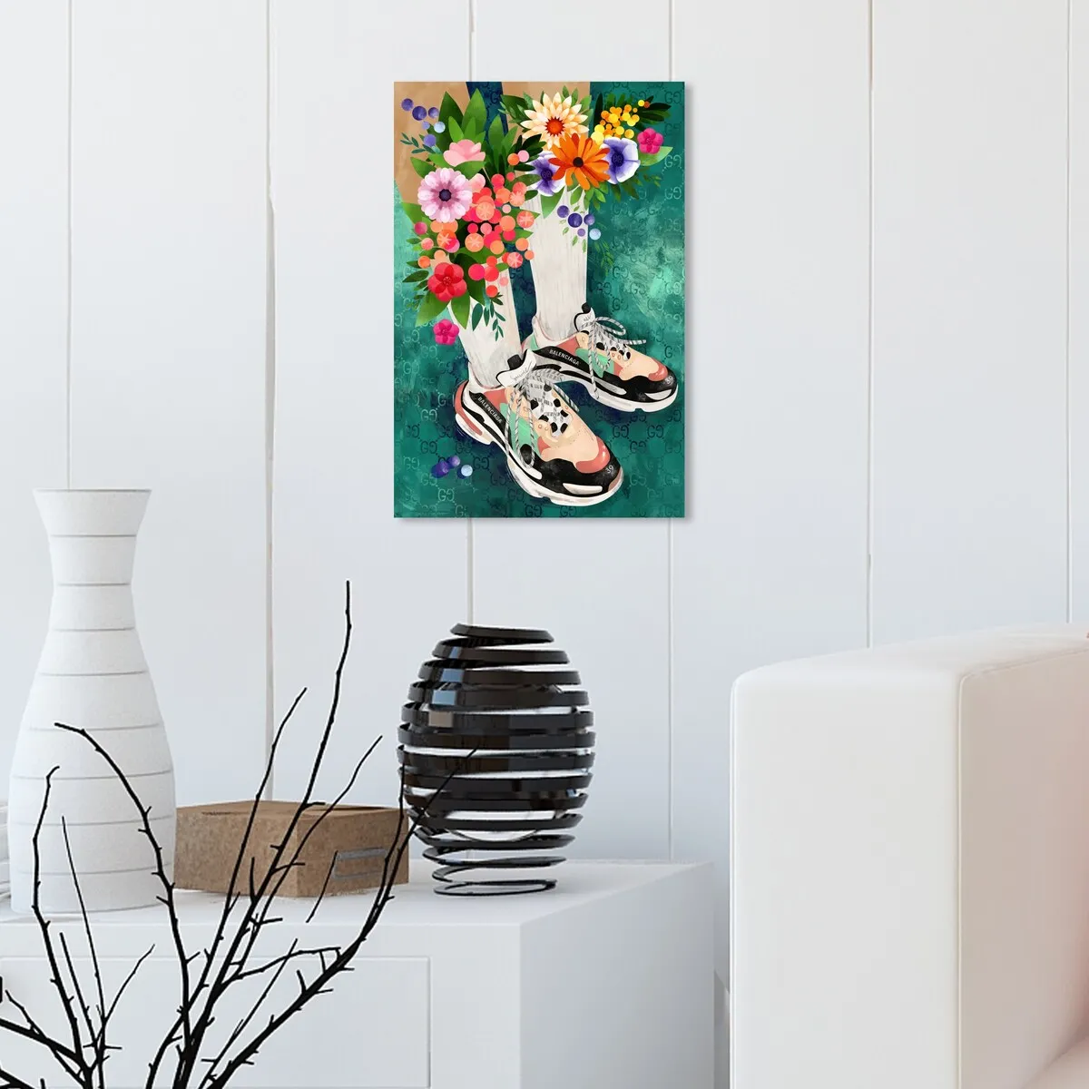 "Blooming Socks and Sneakers", Colorful floral sneaker outfit Modern Green Canvas Wall Art Print for Bedroom