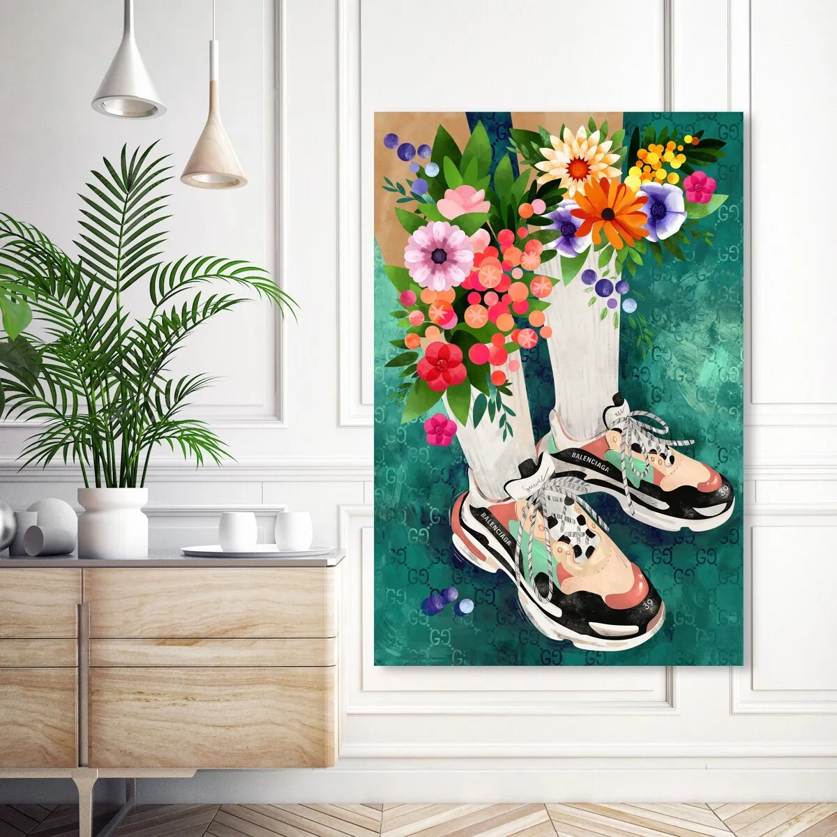 "Blooming Socks and Sneakers", Colorful floral sneaker outfit Modern Green Canvas Wall Art Print for Bedroom