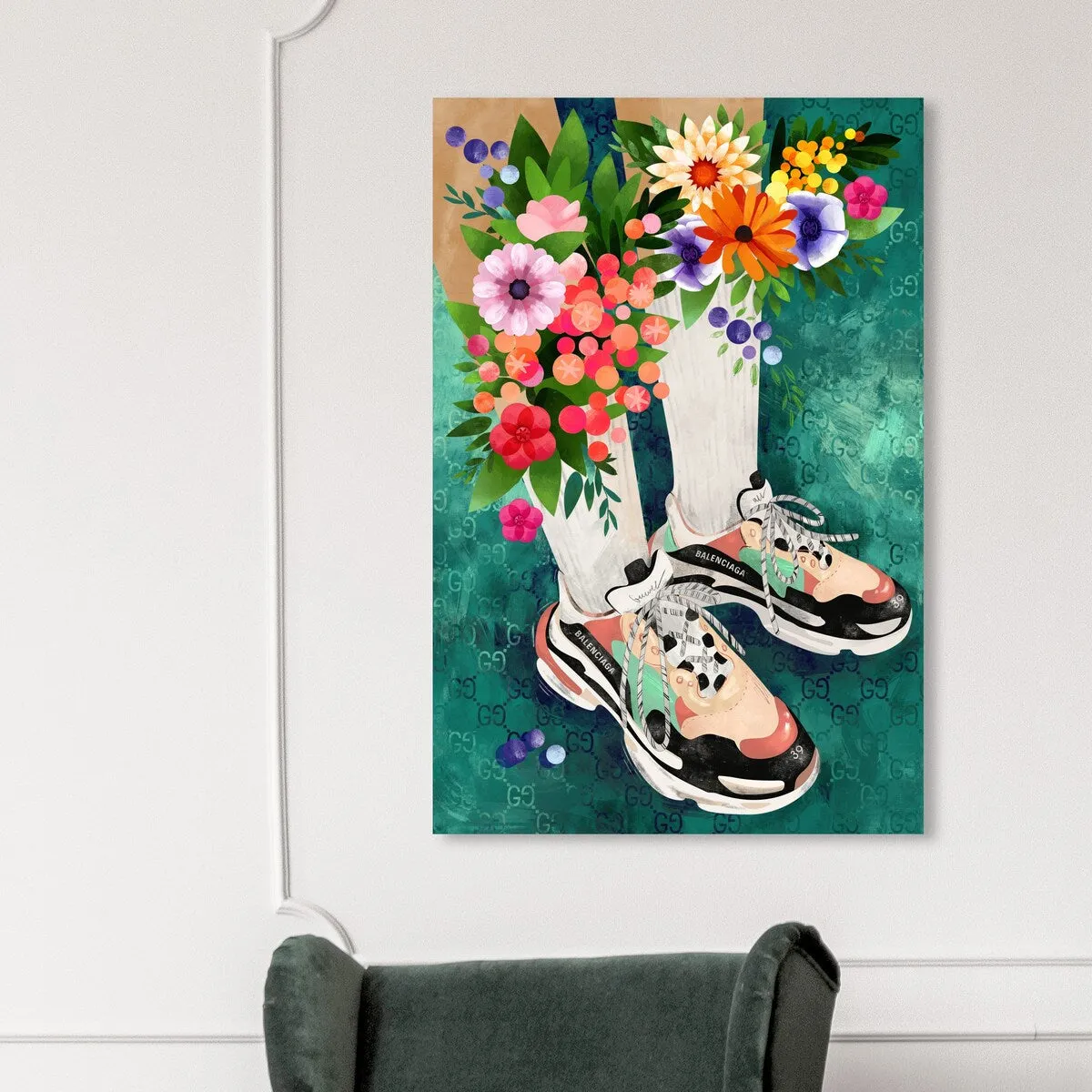 "Blooming Socks and Sneakers", Colorful floral sneaker outfit Modern Green Canvas Wall Art Print for Bedroom